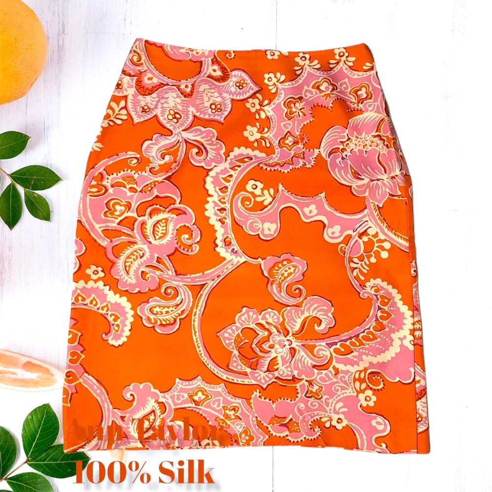 ANN TAYLOR Silk Pencil Skirt Orange Patterned Summer Boho Chic